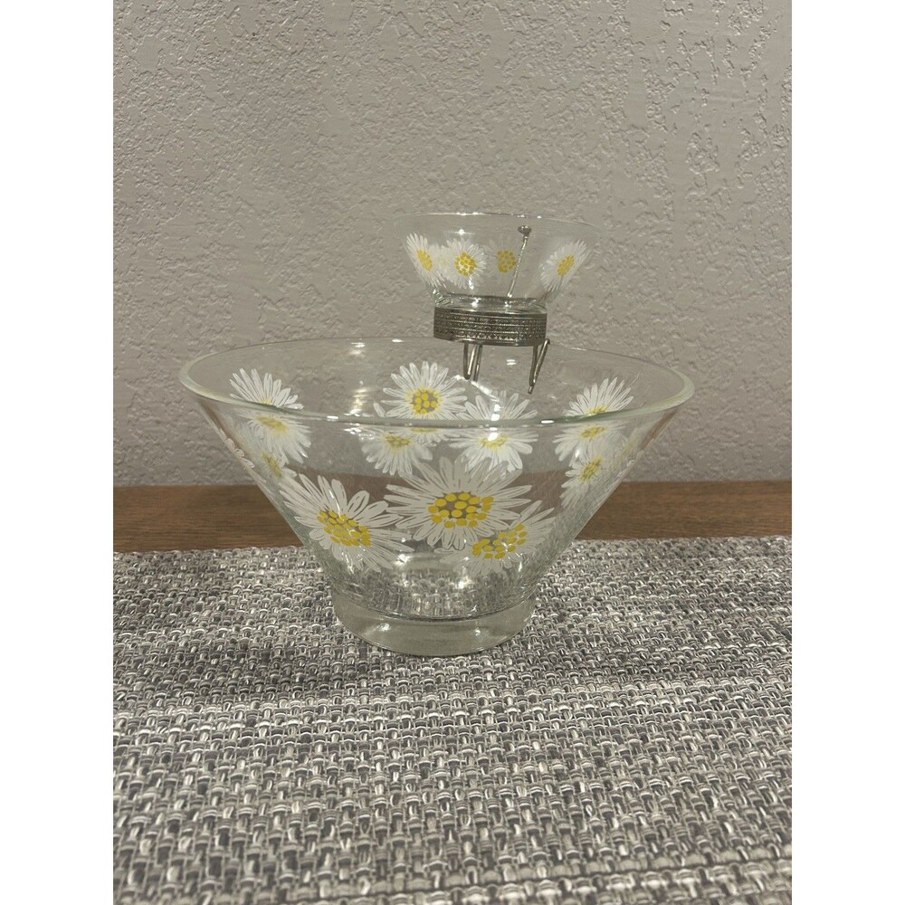 Vintage Anchor Hocking Daisy Bowl & Dip Set Metal Bracket Floral Print